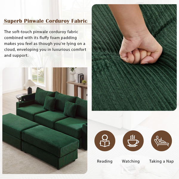 English Elm 95.3" Versatile 3-Seater Sectional Sofa With Smart Storage, Usb Ports, Cup Holders & Ottomans, Green N719S001613F