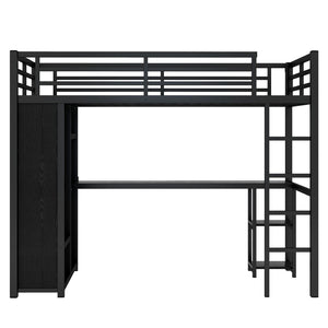 English Elm Twin Xl Loft Bed Frame With Desk & Wardrobe, Space-Saving Metal Design With Storage Shelves, Black W1580S00119-GIGA