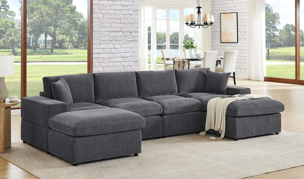 English Elm Corduroy Modular Sectional Sofa with Dual Ottomans for Flexible Living Room Seating Dark Gray B2748S00022