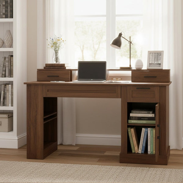 English Elm 55" Farmhouse Writing Desk with Cabinet Charging Station Pegboard and Monitor Stand Dark Walnut W2917S00009