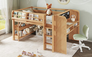 English Elm Twin Low Loft Bed Solid Pine Frame Kids Study Desk Blackboard Storage White W1580S00574