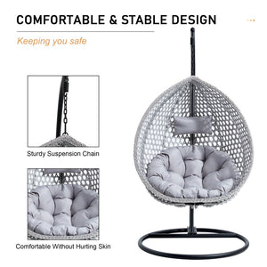English Elm 76.8-inch Hand Woven Rattan Egg Swing Chair Indoor Outdoor with Cushion Lumbar Pillow Gray W1512P498595
