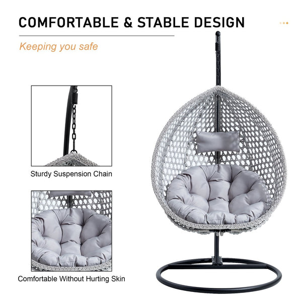 English Elm 76.8-inch Hand Woven Rattan Egg Swing Chair Indoor Outdoor with Cushion Lumbar Pillow Gray W1512P498595