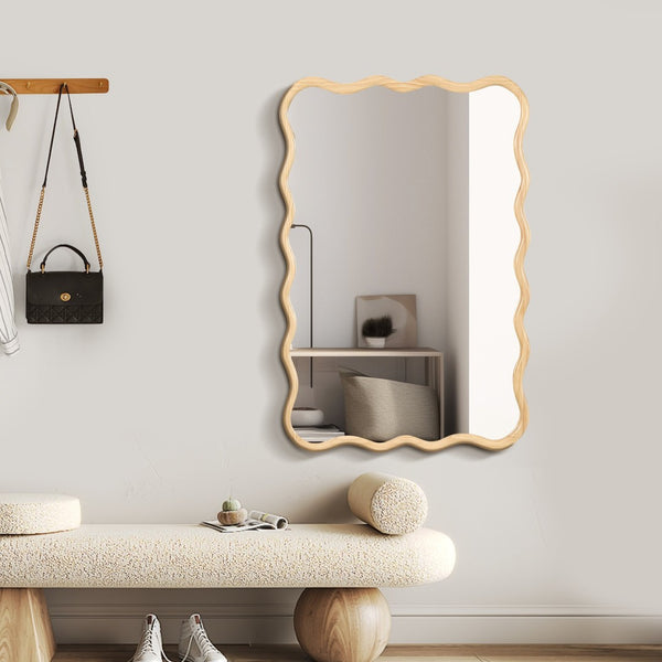 English Elm Solid Wood Wavy Rectangle Mirror - 40"X28" Handcrafted Modern Decor For Entryway, Bathroom, Living Room W1445P189612-GIGA