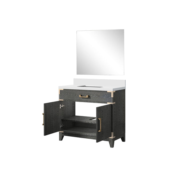English Elm Black Oak Elegant Single-Sink Vanity With Cultured Marble Top & Matching 34" Mirror For Modern Bathrooms B2731S02127