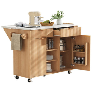 English Elm K&k Fluted Rolling Kitchen Island Faux Marble Top Power Outlet Drop Leaf Storage Natural N707S000019Y