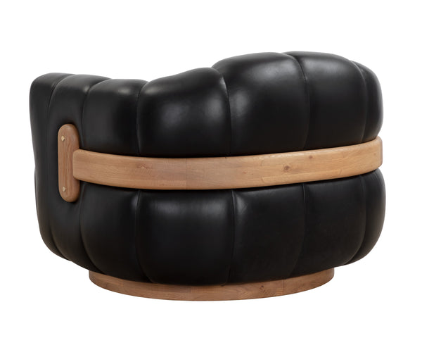 Sunpan Tadeo Swivel Lounge Chair - Luxurious Top Grain Leather with Antique Brass Accents and Unique Design Rustic Oak / Vintage Black Night Leather