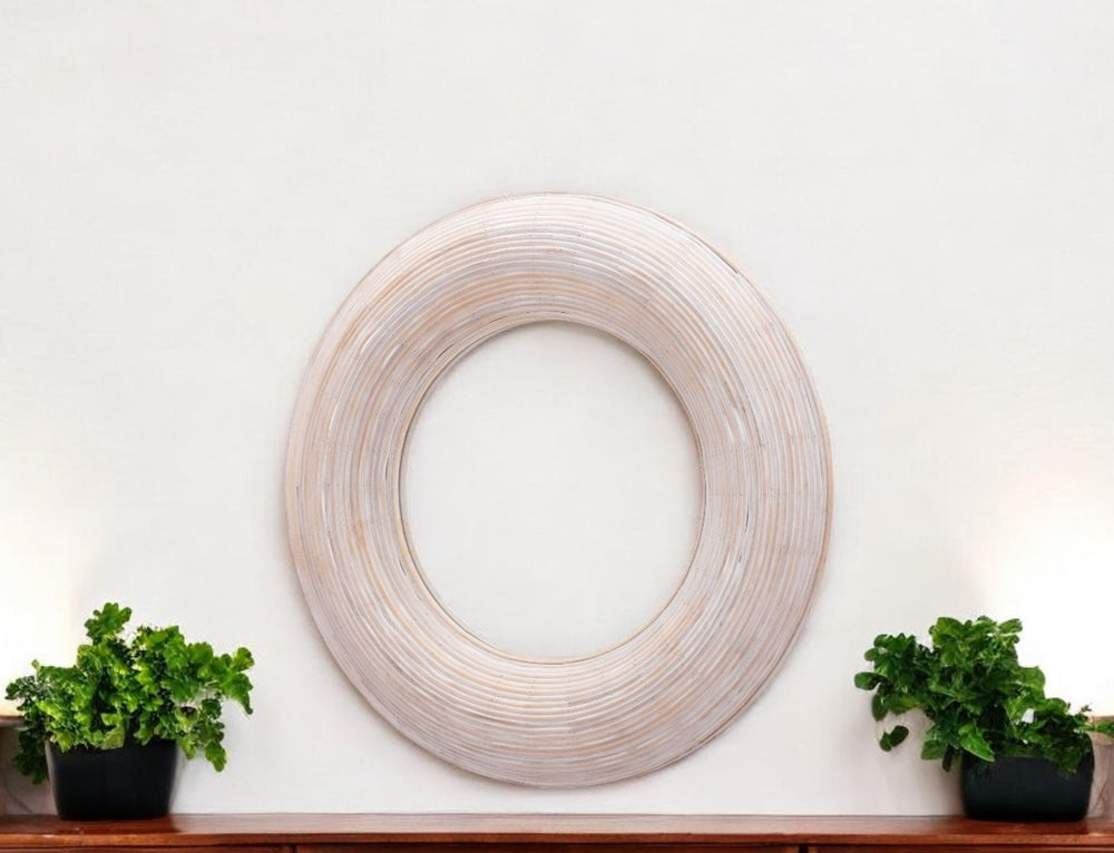 Homeroots 32" Beige Round Framed Accent Mirror  Glass 524073