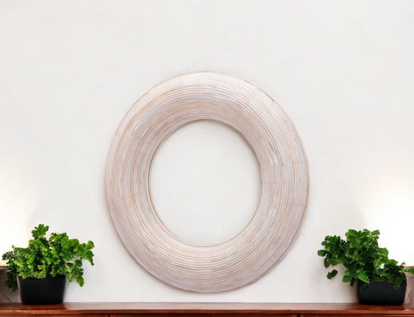 Homeroots 32" Beige Round Framed Accent Mirror  Glass 524073