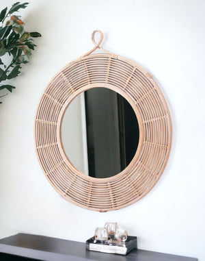 Homeroots 37" Natural Round Framed Accent Mirror  Glass 524076