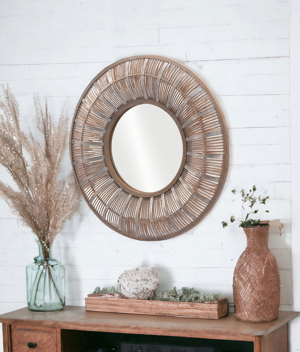 Homeroots 32" Brown Round Accent Mirror  Glass 524079