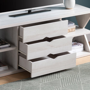 HomeRoots 60" White Wood TV Stand with Open Shelves and Hidden Drawers - Modern Storage Solution for Any Room 524081