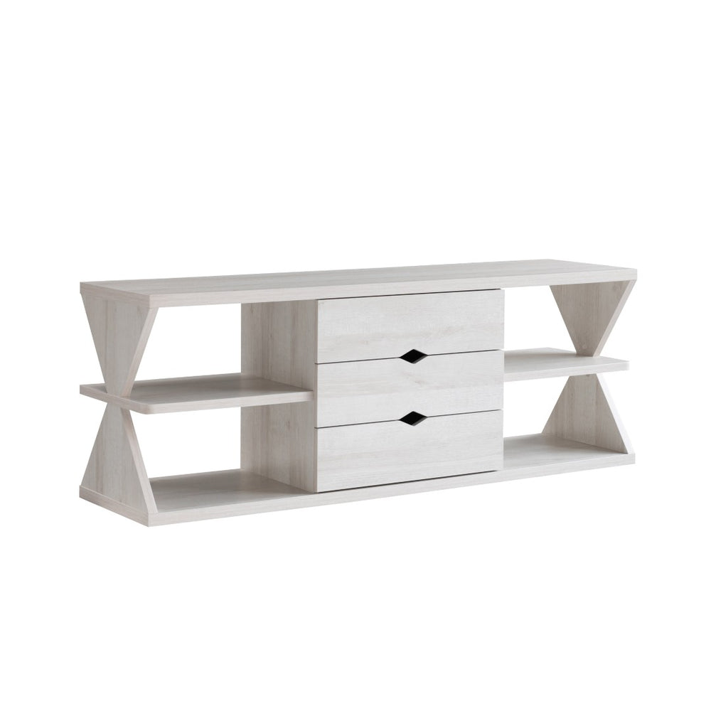 HomeRoots 60" White Wood TV Stand with Open Shelves and Hidden Drawers - Modern Storage Solution for Any Room 524081