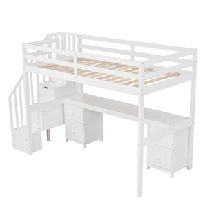 English Elm Twin Loft Bed with Built-In Desk and Double Storage Drawers, Pine & MDF Frame for Small Rooms White GX000382AAK
