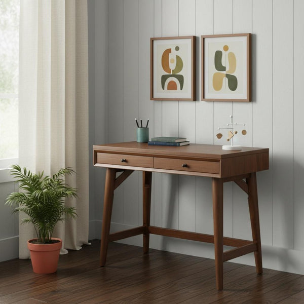 HomeRoots 36" Brown Writing Desk with Two Drawers - Durable Mahogany & Okoume, Perfect for Home Office & More! 524094