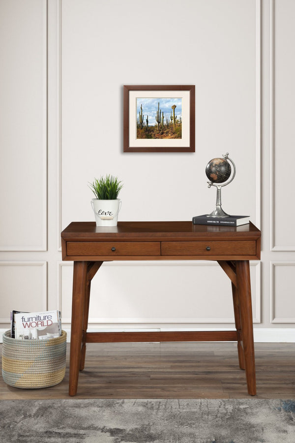 HomeRoots 36" Brown Writing Desk with Two Drawers - Durable Mahogany & Okoume, Perfect for Home Office & More! 524094