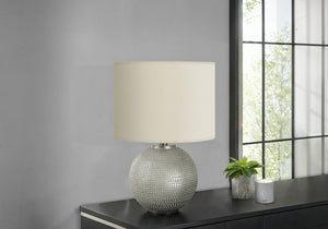 English Elm Lighting, Textured Resin Globe Table Lamp with Ivory Drum Shade, 19" Height, 3-Way Dimmer Elegance Grey 13 L x 13 W x 15 H B2710P220111