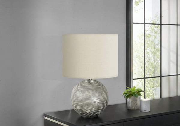 English Elm Lighting, Textured Resin Globe Table Lamp with Ivory Drum Shade, 19" Height, 3-Way Dimmer Elegance Grey 13 L x 13 W x 15 H B2710P220111