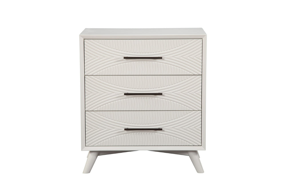 HomeRoots 34" White Carved Geometric Solid Wood Three Drawer Dresser – Modern Design, Ample Storage & Durability 524115
