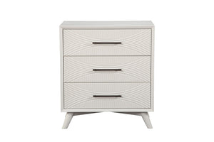 HomeRoots 34" White Carved Geometric Solid Wood Three Drawer Dresser – Modern Design, Ample Storage & Durability 524115
