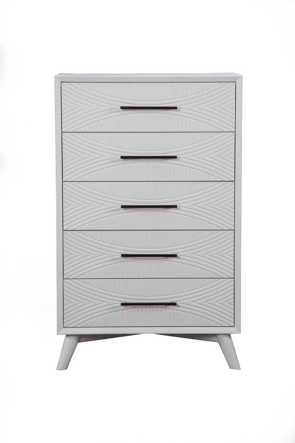 HomeRoots 34" Stylish White Carved Geometric Solid Wood Five Drawer Dresser - Perfect for Modern Spaces! 524116