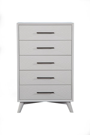 HomeRoots 34" Stylish White Carved Geometric Solid Wood Five Drawer Dresser - Perfect for Modern Spaces! 524116
