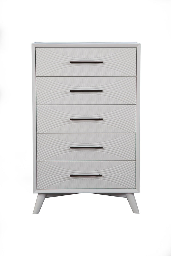 HomeRoots 34" Stylish White Carved Geometric Solid Wood Five Drawer Dresser - Perfect for Modern Spaces! 524116