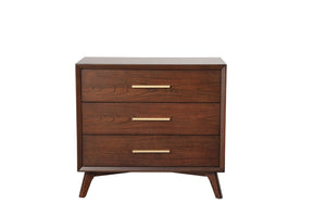 HomeRoots 36" Brown Solid Wood Three Drawer Dresser - Mid-Century Modern Elegance with Gold Accents & Felt Lining 524123