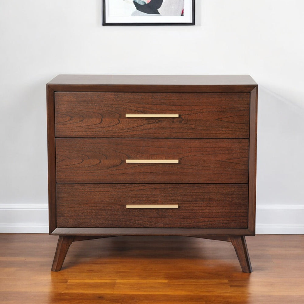 Homeroots 36" Brown Solid Wood Three Drawer Dresser - Stylish Mid-century Modern Storage With Gold Pulls  Solid Wood 524123