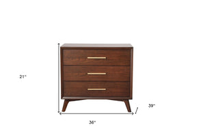 Homeroots 36" Brown Solid Wood Three Drawer Dresser - Stylish Mid-century Modern Storage With Gold Pulls  Solid Wood 524123