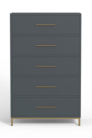HomeRoots 33" Solid Wood Five Drawer Dresser – Chic Gray Finish with Gold Accents for Modern Bedroom Storage 524130