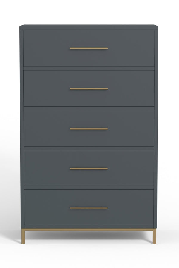 HomeRoots 33" Solid Wood Five Drawer Dresser – Chic Gray Finish with Gold Accents for Modern Bedroom Storage 524130
