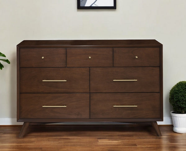 Homeroots 60" Walnut Solid Wood Seven Drawer Double Dresser - Stylish, Durable Storage For Your Bedroom Essentials  Solid Wood 524148