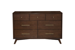 HomeRoots 60" Walnut Solid Wood Double Dresser with 7 Drawers, Elegant Gold Accents for Timeless Bedroom Style 524148