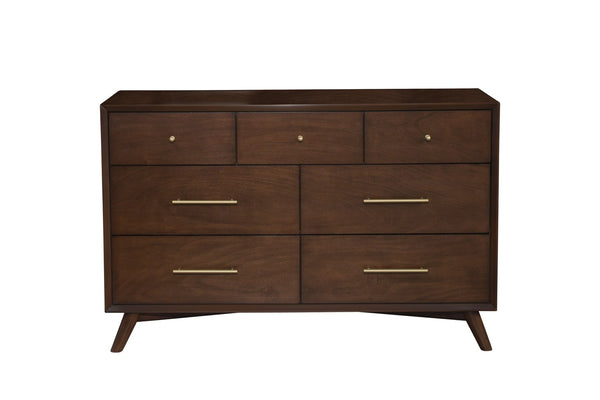 HomeRoots 60" Walnut Solid Wood Double Dresser with 7 Drawers, Elegant Gold Accents for Timeless Bedroom Style 524148