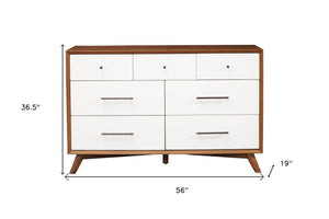 Homeroots 56" Brown And White Solid Wood Seven Drawer Double Dresser  Solid Wood 524152