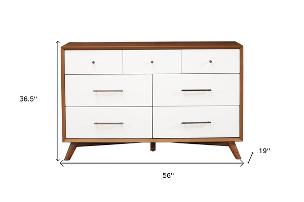 Homeroots 56" Brown And White Solid Wood Seven Drawer Double Dresser  Solid Wood 524152