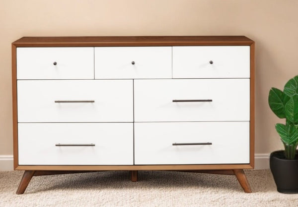 Homeroots 56" Brown And White Solid Wood Seven Drawer Double Dresser  Solid Wood 524152
