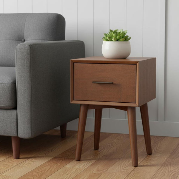 HomeRoots 27" Brown Wood End Table with Drawer - Mid-Century Modern Style, Compact Design, Ready to Use! 524164
