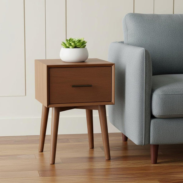 HomeRoots 27" Brown Wood End Table with Drawer - Mid-Century Modern Style, Compact Design, Ready to Use! 524164