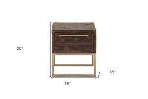 Homeroots 18" Antiqued Brass And Brown Reclaimed Wood End Table With Drawer   524168