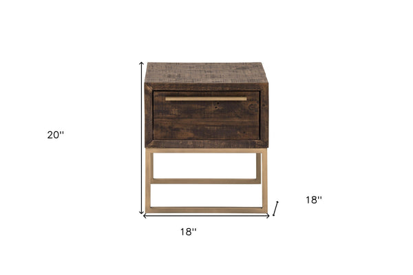 Homeroots 18" Antiqued Brass And Brown Reclaimed Wood End Table With Drawer   524168