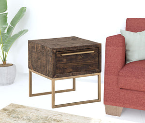 Homeroots 18" Antiqued Brass And Brown Reclaimed Wood End Table With Drawer   524168