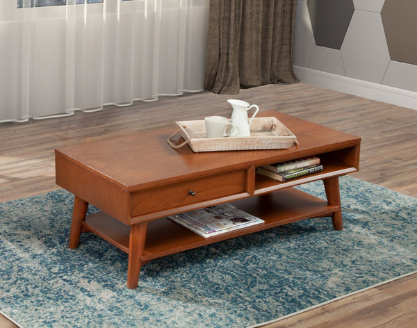 HomeRoots 48" Brown Solid Wood Coffee Table - Mid-Century Style with Drawer for Stylish & Functional Living Spaces 524170