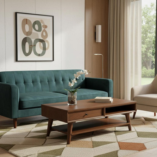 HomeRoots 48" Brown Solid Wood Coffee Table - Mid-Century Style with Drawer for Stylish & Functional Living Spaces 524170