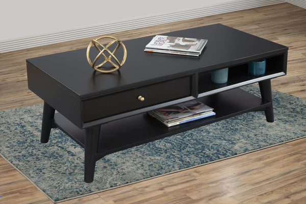 Homeroots 48" Black Solid And Manufactured Wood Coffee Table With Drawer   524171