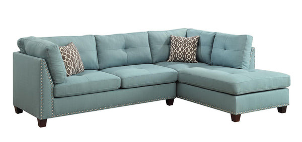 Homeroots Teal Blue Linen L Shaped Three Piece Sofa And Chaise Sectional And Toss Pillows   524227