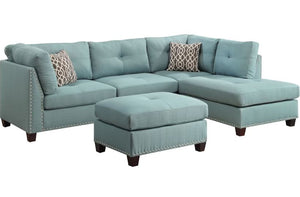 Homeroots Teal Blue Linen L Shaped Three Piece Sofa And Chaise Sectional And Toss Pillows   524227