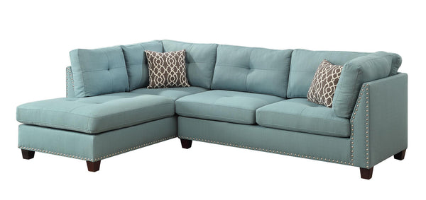 Homeroots Teal Blue Linen L Shaped Three Piece Sofa And Chaise Sectional And Toss Pillows   524227