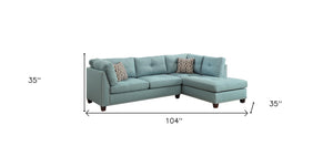 Homeroots Teal Blue Linen L Shaped Three Piece Sofa And Chaise Sectional And Toss Pillows   524227